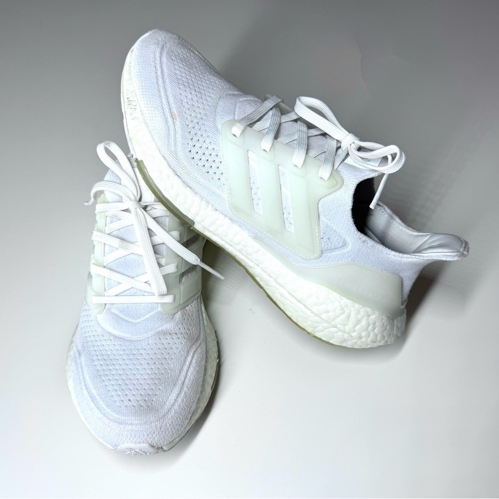 Adidas Women’s Ultraboost 21 Triple White Primeknit Running Shoes Size- 8